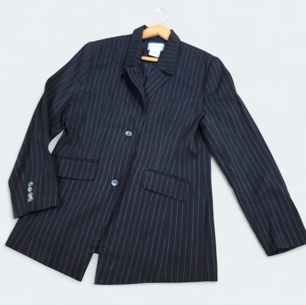 Jaclyn Smith Classic Pinstripe Black Long Blazer Size 12